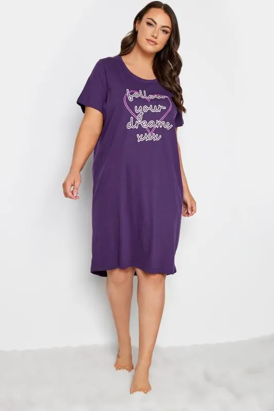 YOURS Curve Purple 'Follow Your Dreams' Slogan Nightdress