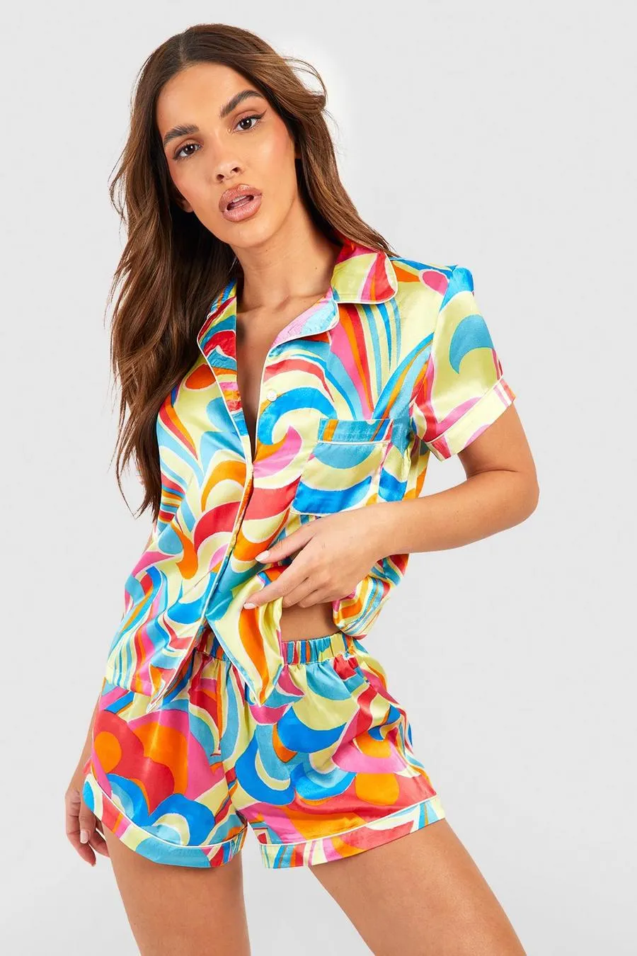 Abstract Print Satin Pyjama Short Set