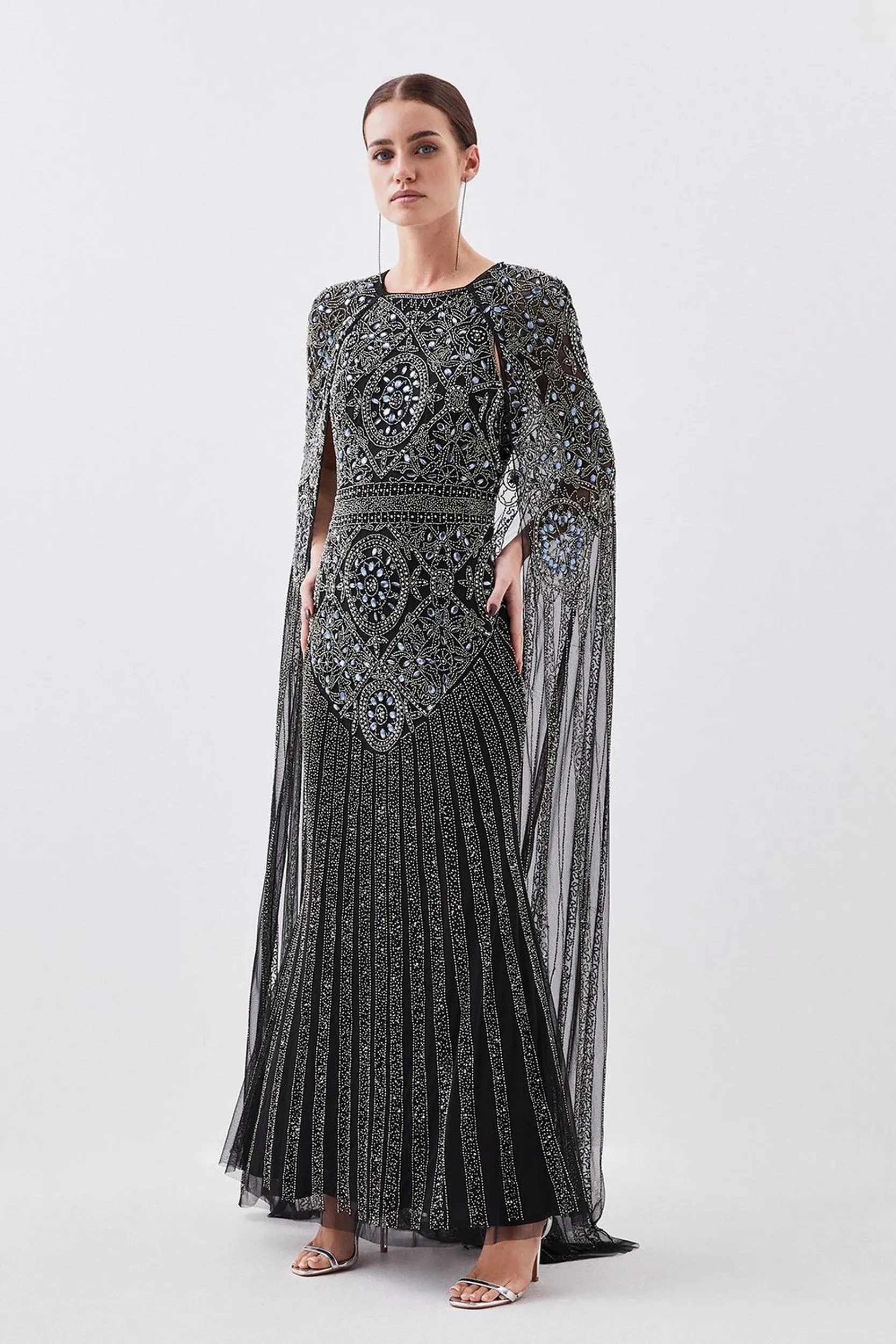 Petite Premium Embellished Caped Woven Maxi Dress