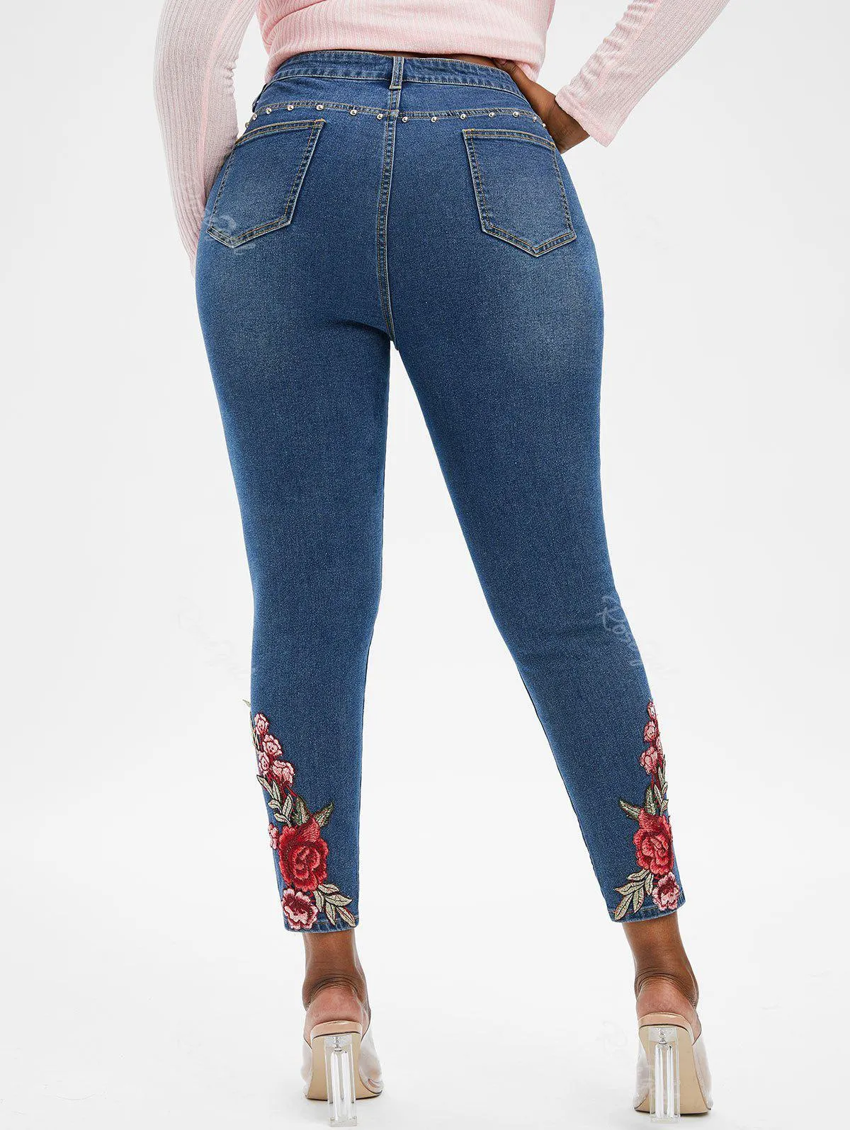 Plus Size Floral Applique High Rise Jeans - 3x