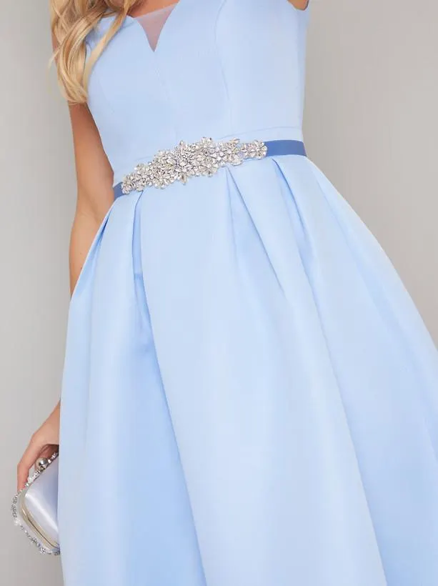 Satin Waist Belt with Sequin Detail in Blue