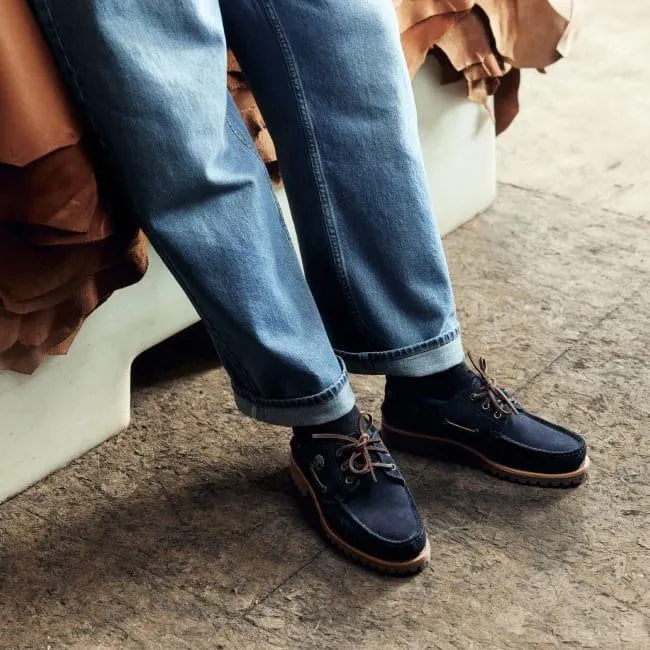 Men's Timberland® C.F. Stead™ Indigo Suede Handsewn 3-Eye Boat Shoe in Dark Blue