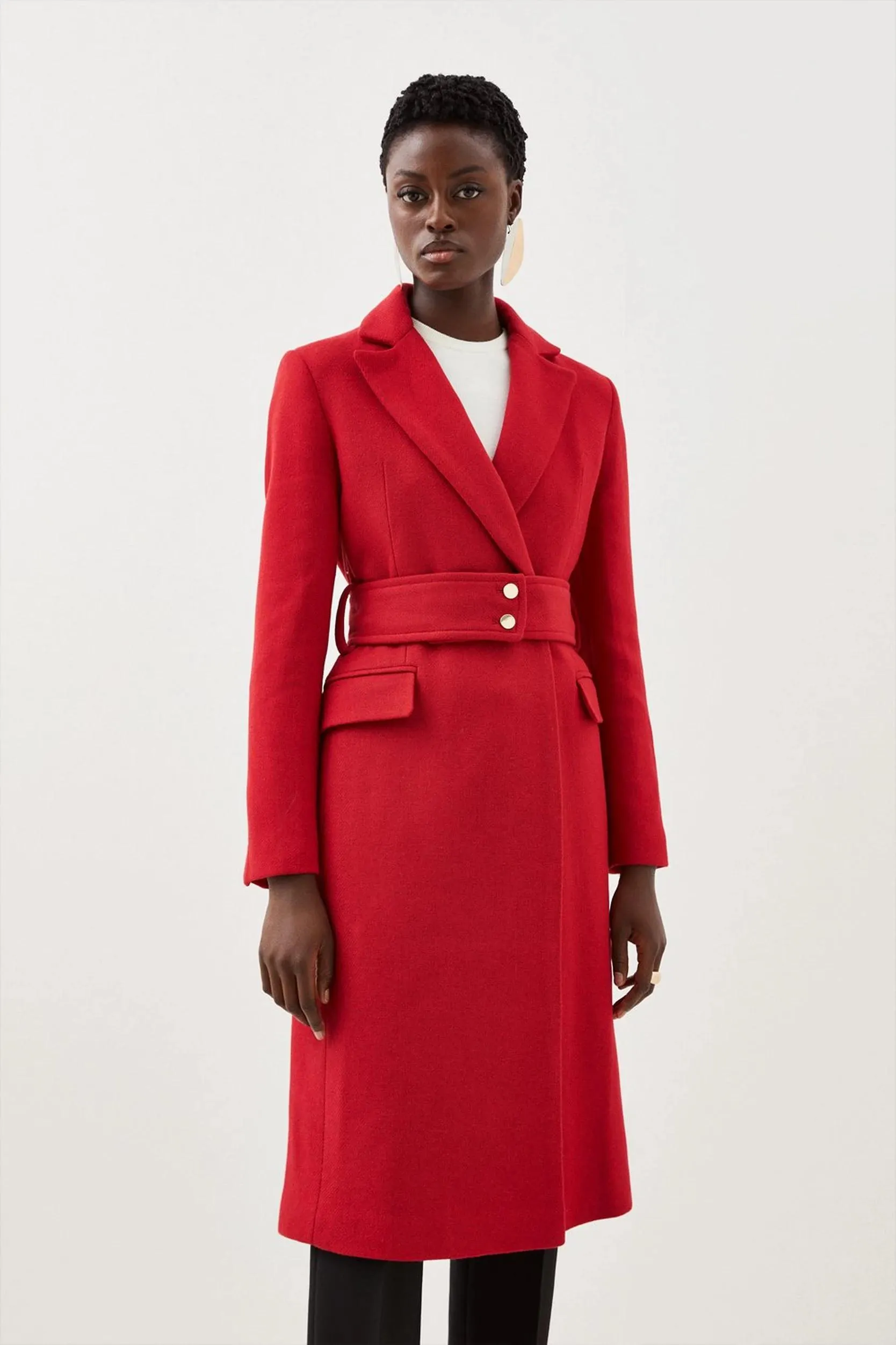 Italian Wool Mix Button Detail Belted Midi Coat