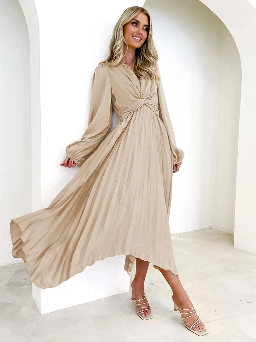 Party Dresses V-Neck Pleated Long Sleeves Semi Formal Long Dress
