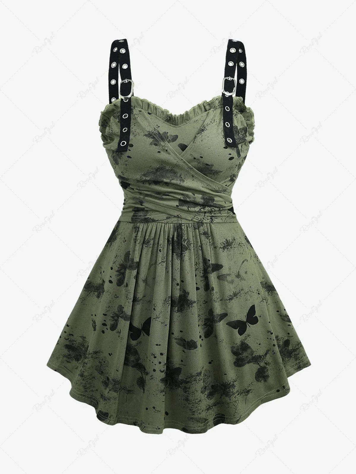 Plus Size Butterfly Ink Painting Print Surplice Ruched Ruffles Grommets Straps Ribbed Textured Tank Top - 1x | Us 14-16