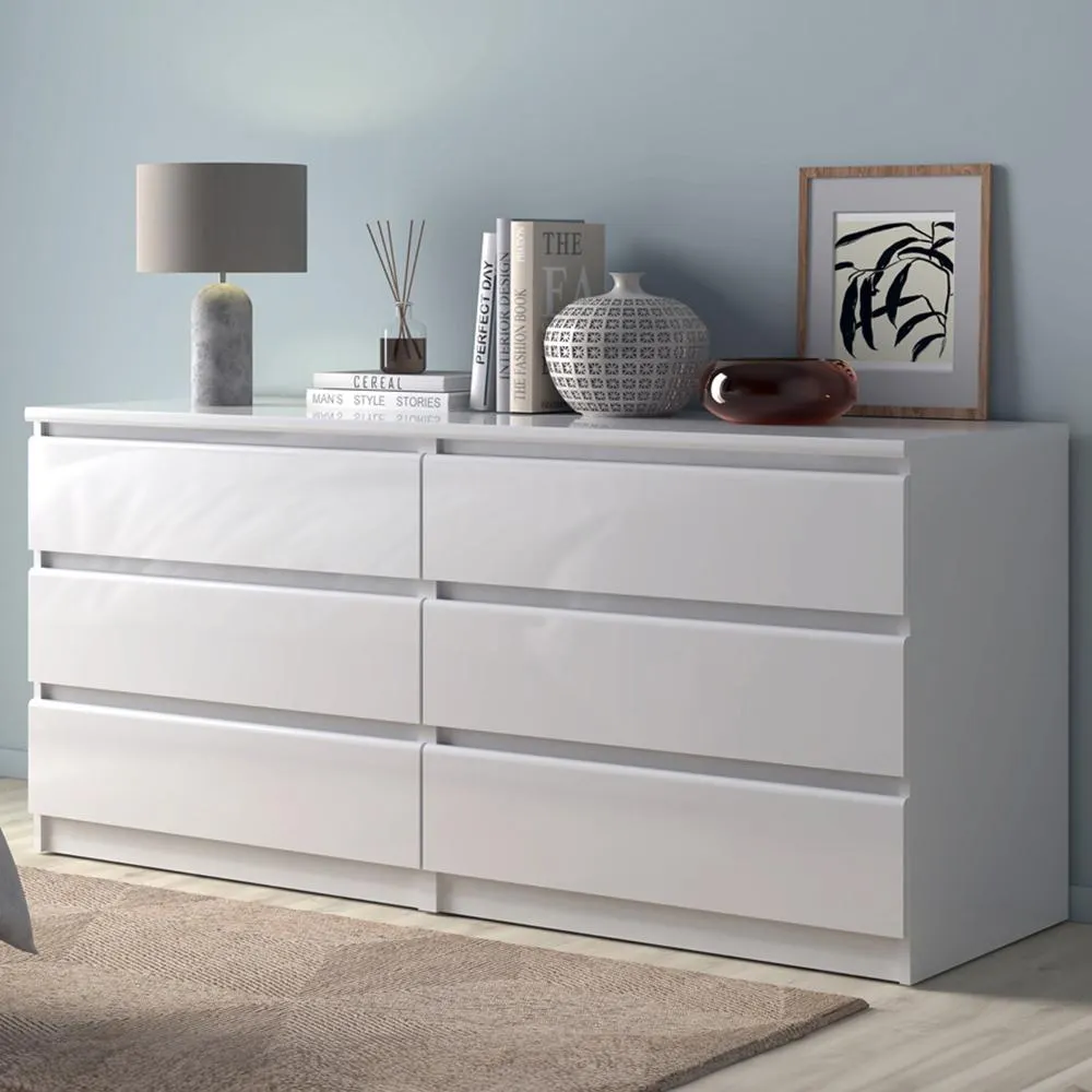 Florence 6 Drawer White High Gloss Wide Chest of Drawers