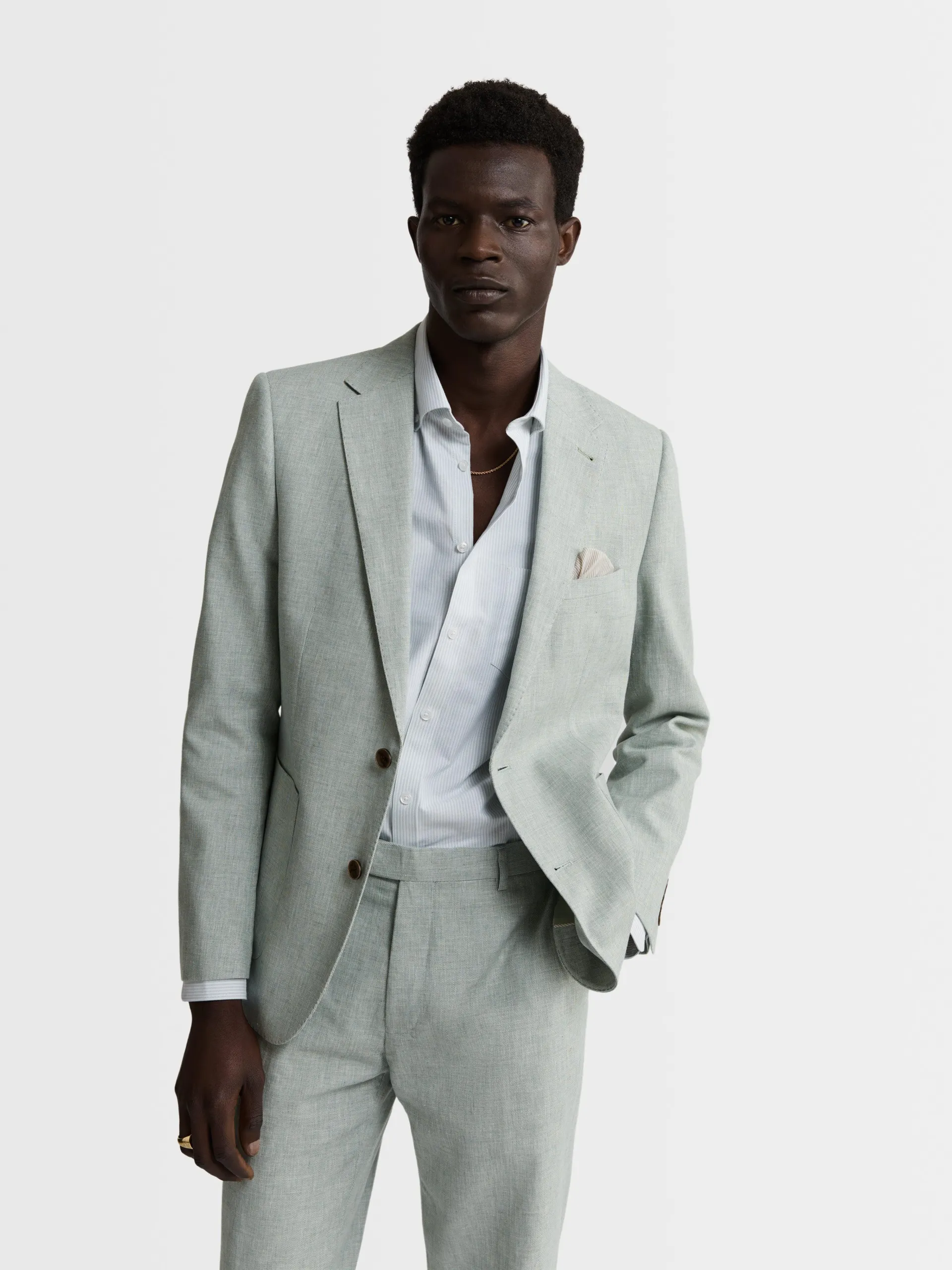 Slim Fit Single Breasted Linen Suit Jacket in Light Green