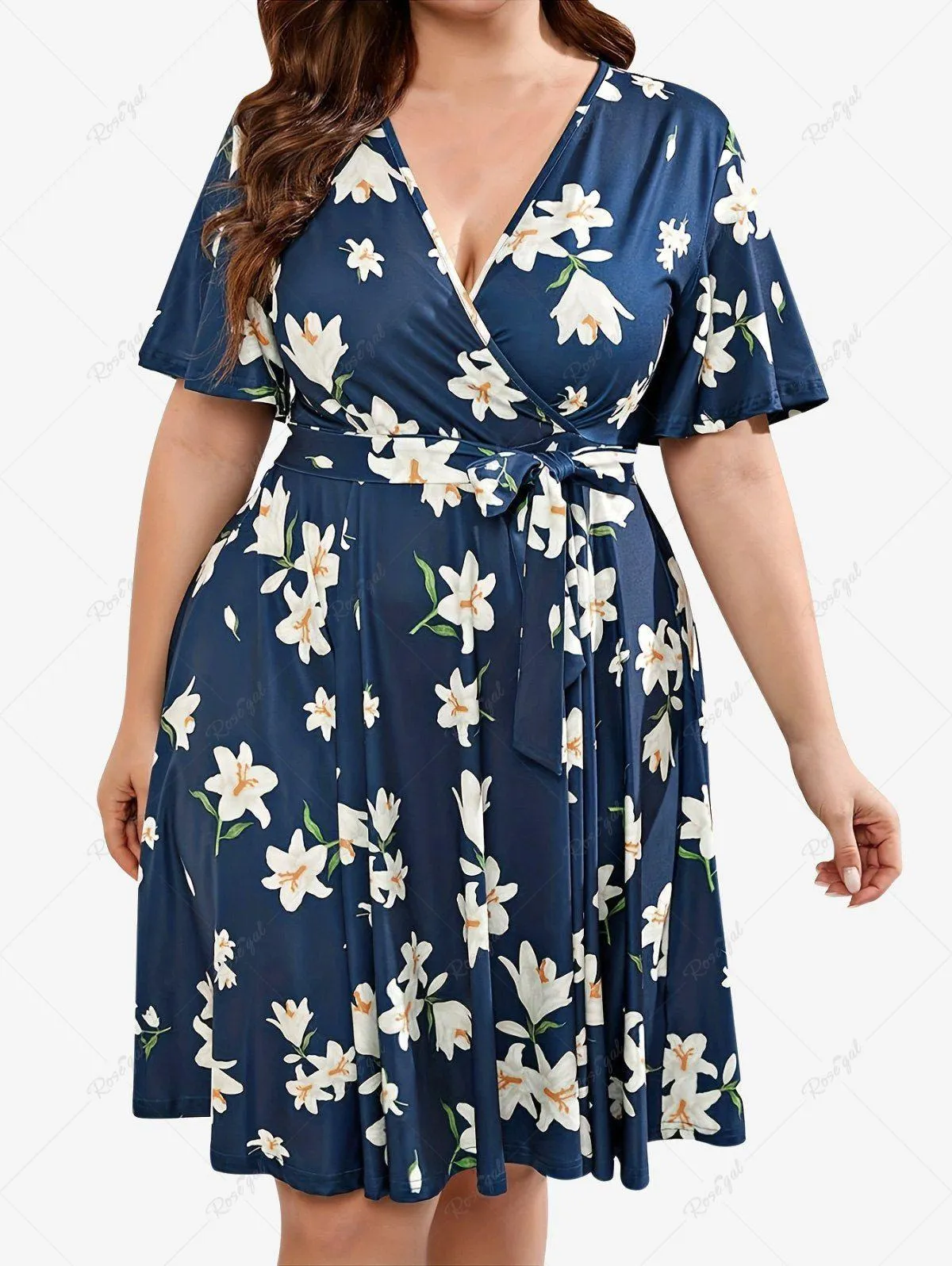 Plus Size Flower A Line Belt Surplice Dress - Xl