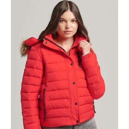 Short Hooded Padded Jacket with Faux Fur Trim and Zip Fastening
