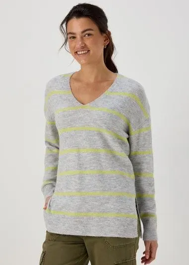 Grey Spandex Stripe V Neck Jumper - Small
