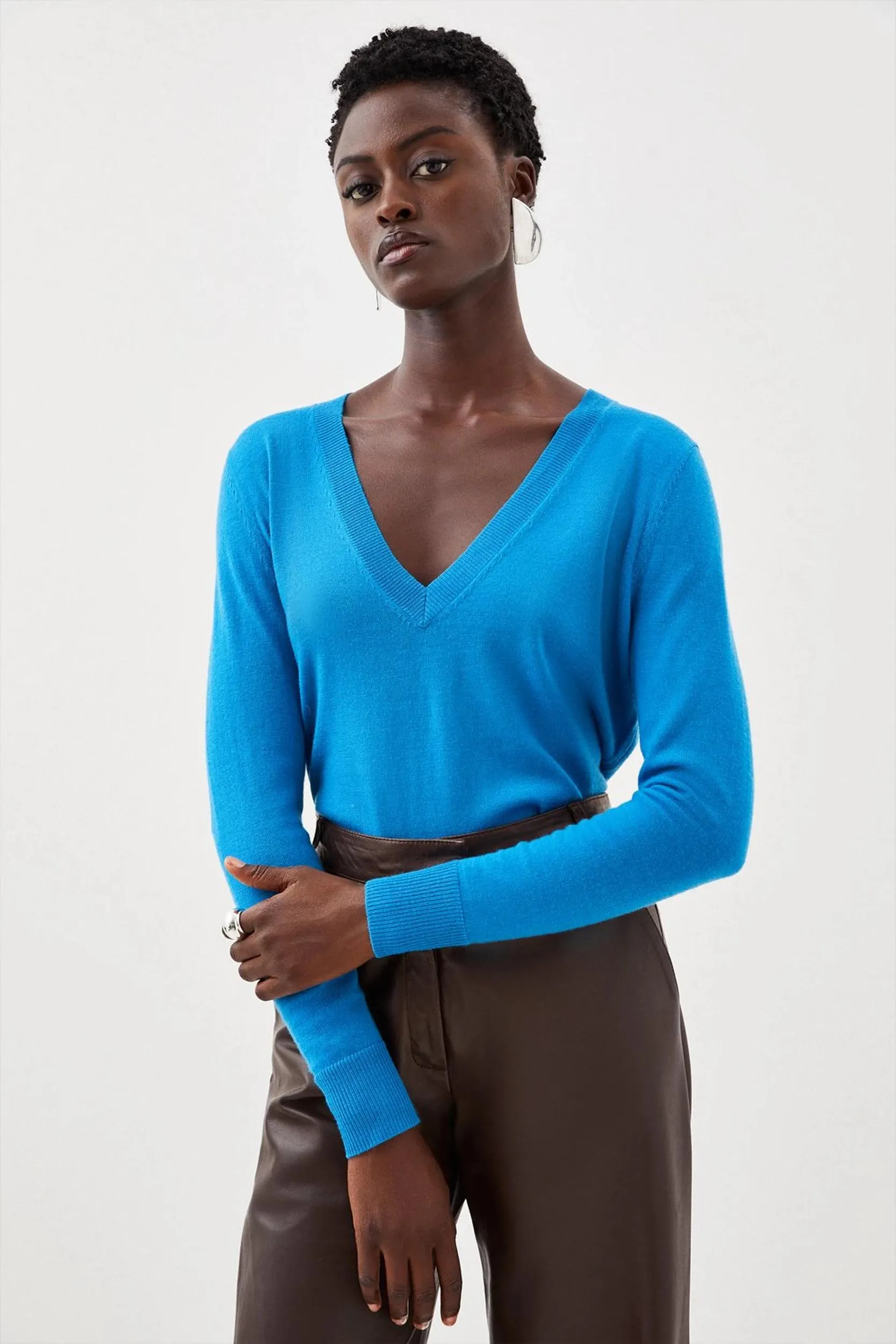 Merino Wool Deep V Neck Knit Jumper
