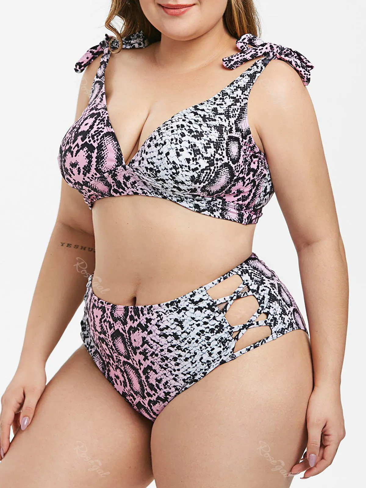 Lattice Side Tie Shoulder Snake Print Plus Size Bikini Swimsuit - 5x