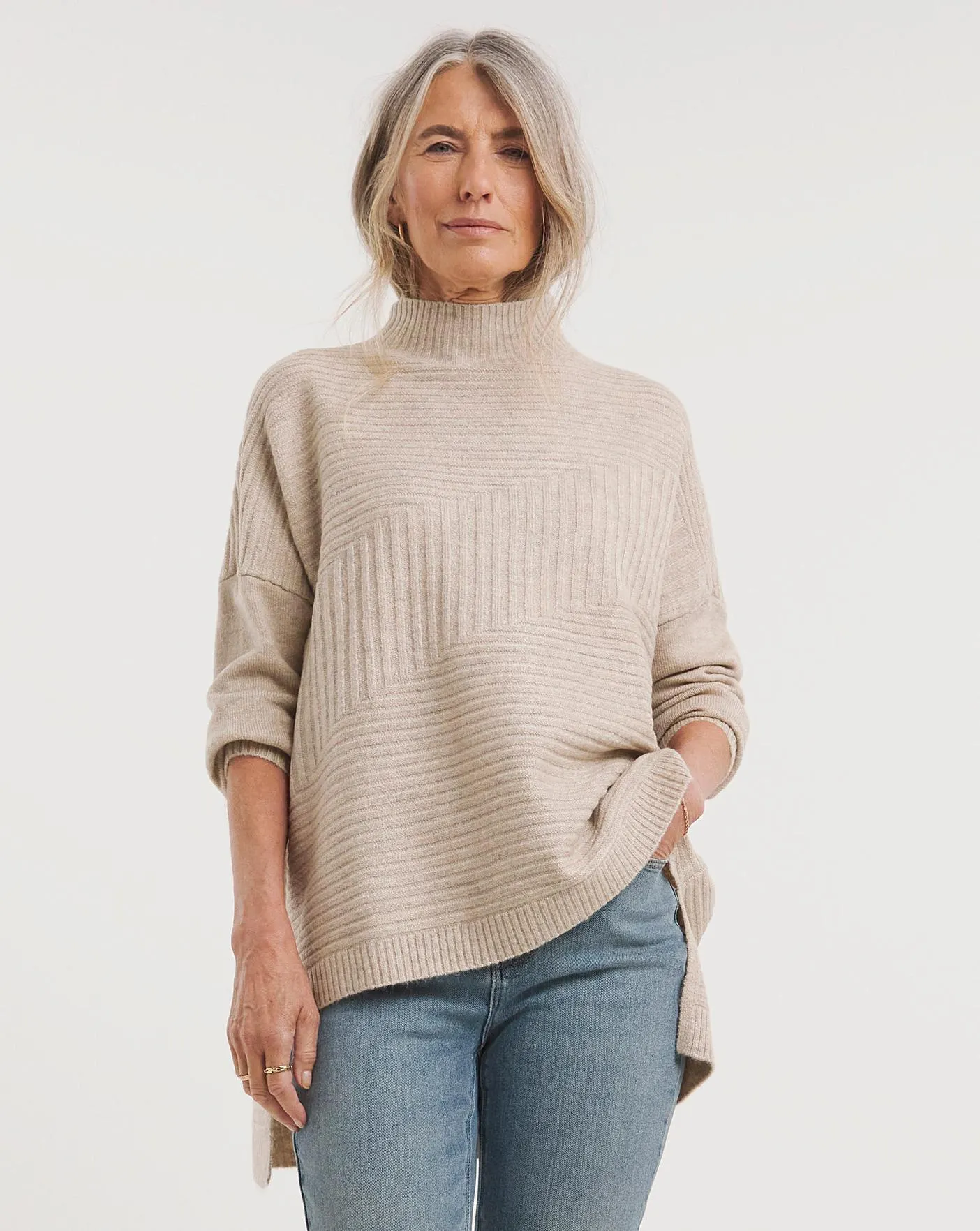 Oatmeal High Neck Mixed Rib Jumper