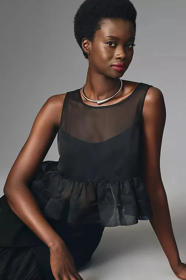 Maeve Sheer Organza Ruffled Sleeveless Swing Top