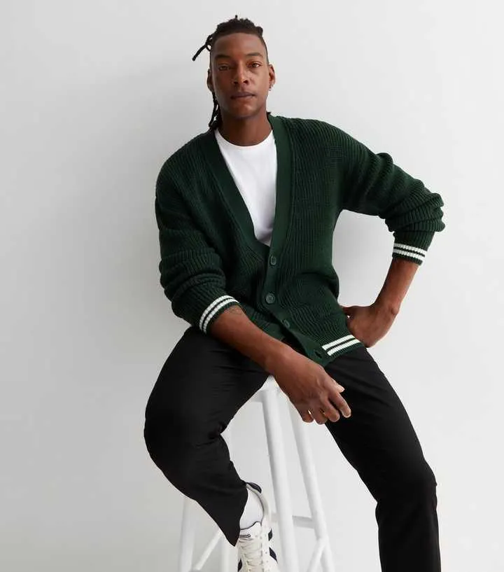 Dark Green Ribbed Fisherman Knit Relaxed Fit Cardigan