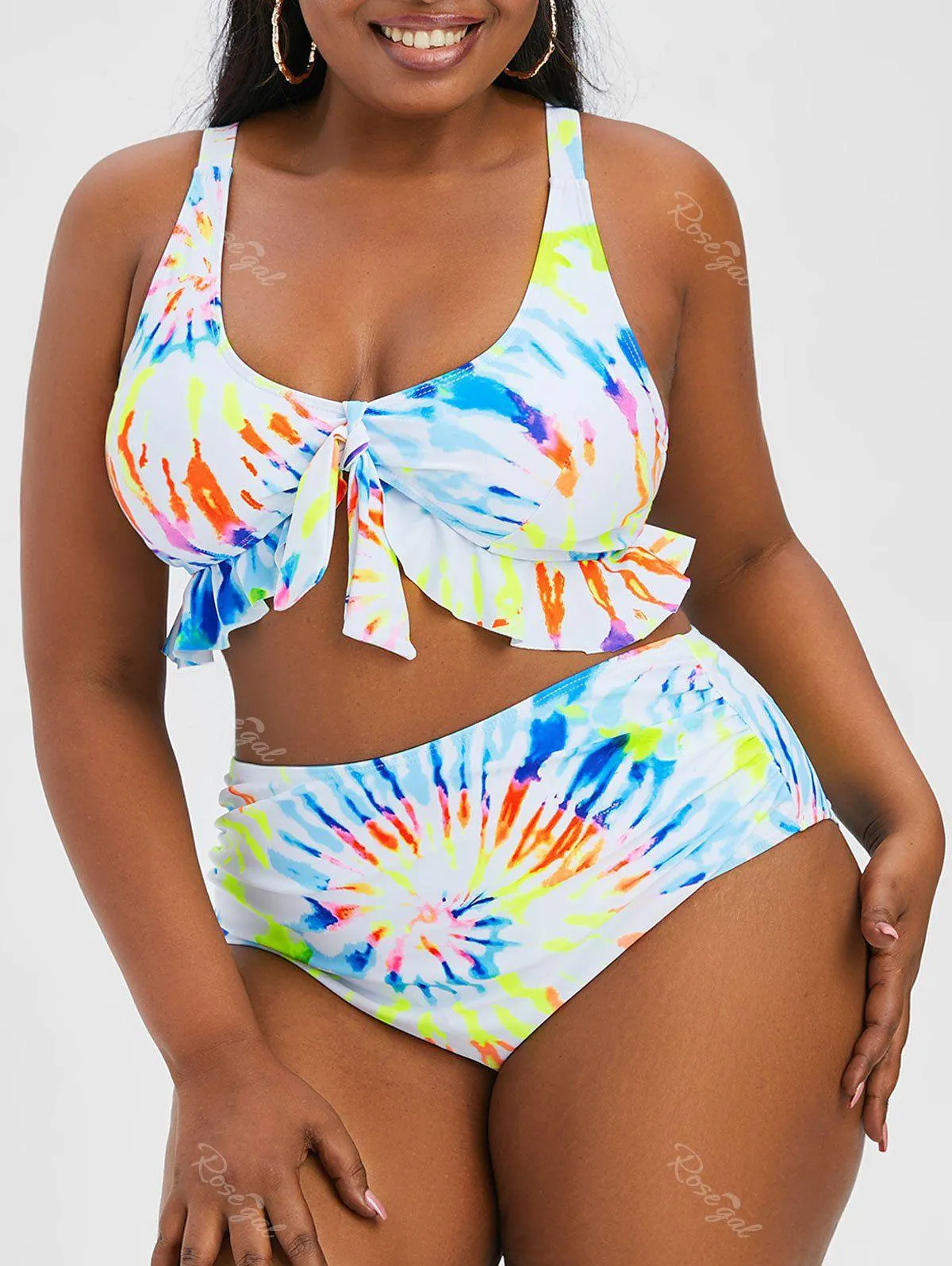 Plus Size Neon Tie Dye Ruffle Lace-up Knot Ruched Bikini Swimwear - 4x