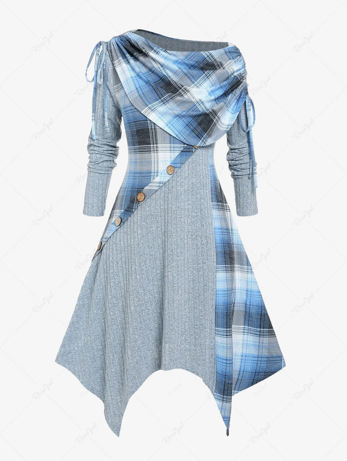 Plus Size Skew Neck Foldover Cinched Plaid Handkerchief Midi Knitted Dress - 2x | Us 18-20