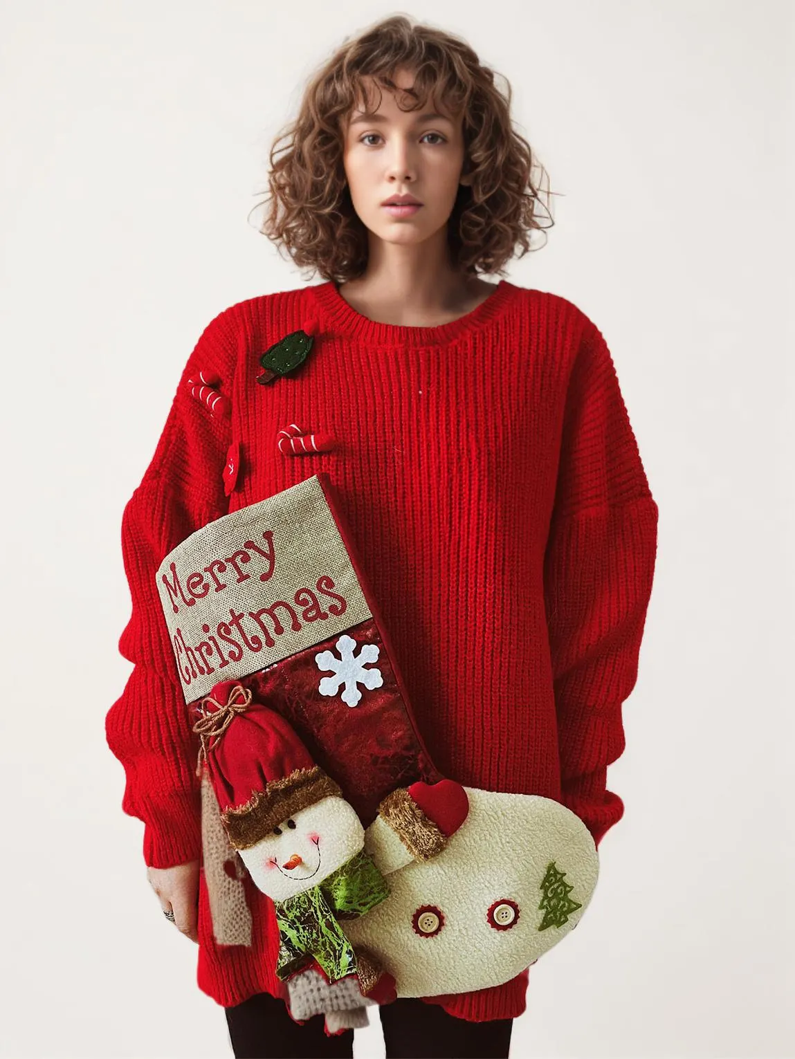 Women Pullover Sweater Red Buttons Christmas Pattern Jewel Neck Long Sleeves Oversized Polyester Sweaters