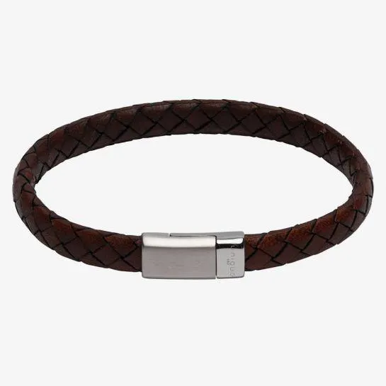 Stainless Steel Matte Polished Antique Dark Brown Leather Bracelet