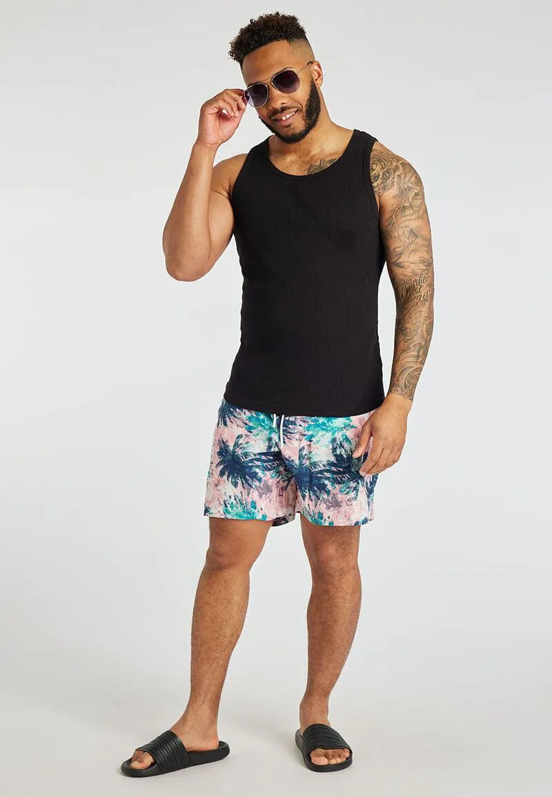 Mens Pink Palm Print Swim Shorts