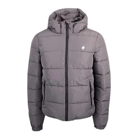 Mens Grey Hooded Sports Puffer Jacket