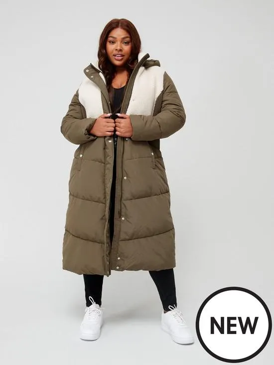 V by Very Curve Borg Pannelled Longline Puffer Coat - Khaki