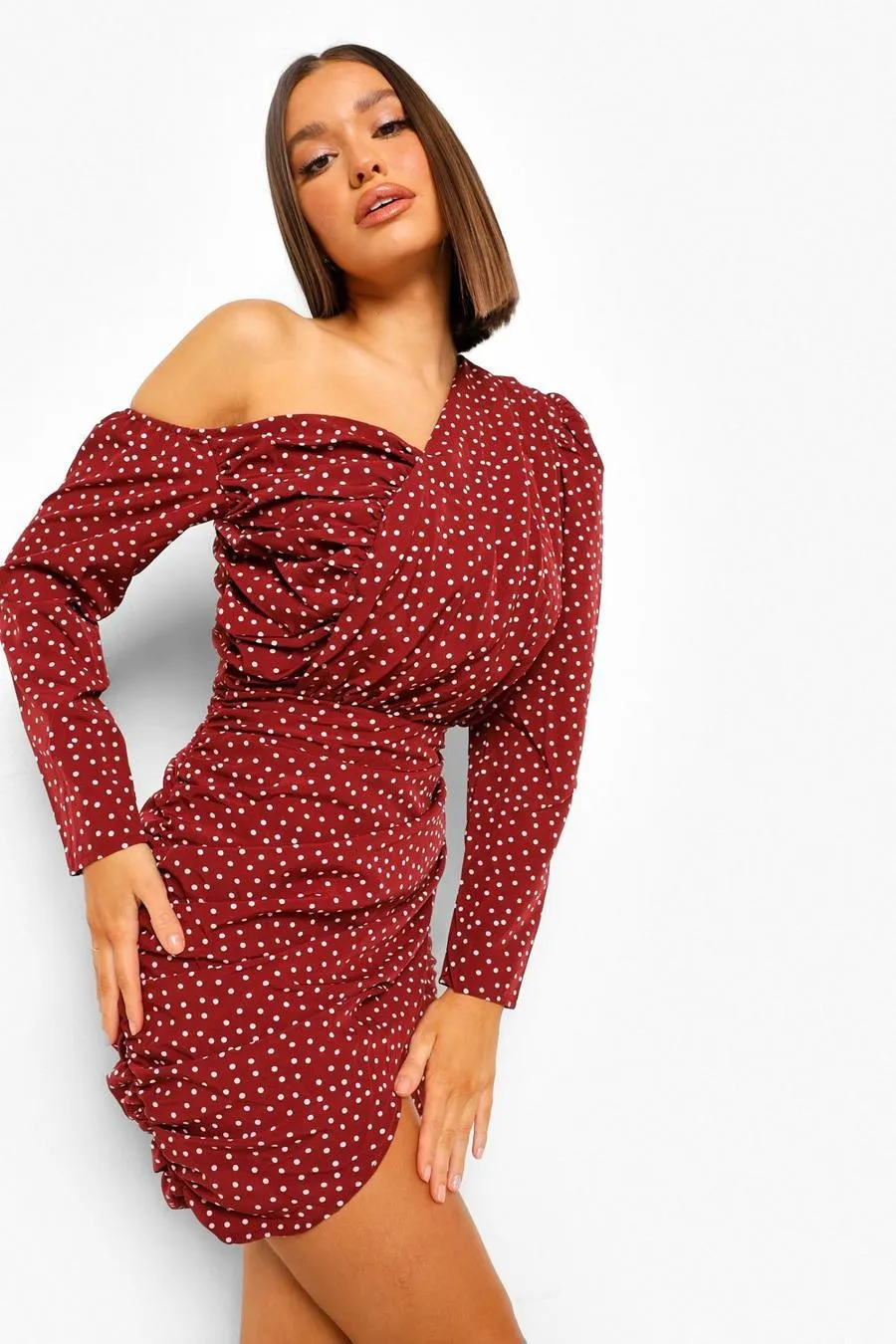 Polka Dot Ruched Asymmetric Dress