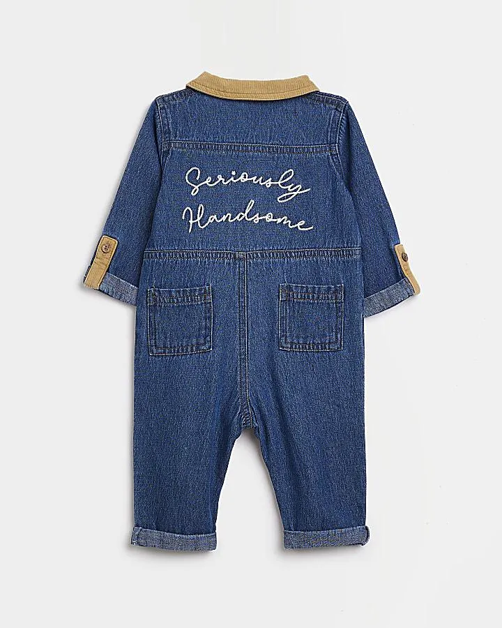 Baby boys Blue denim Slogan Boiler Suit