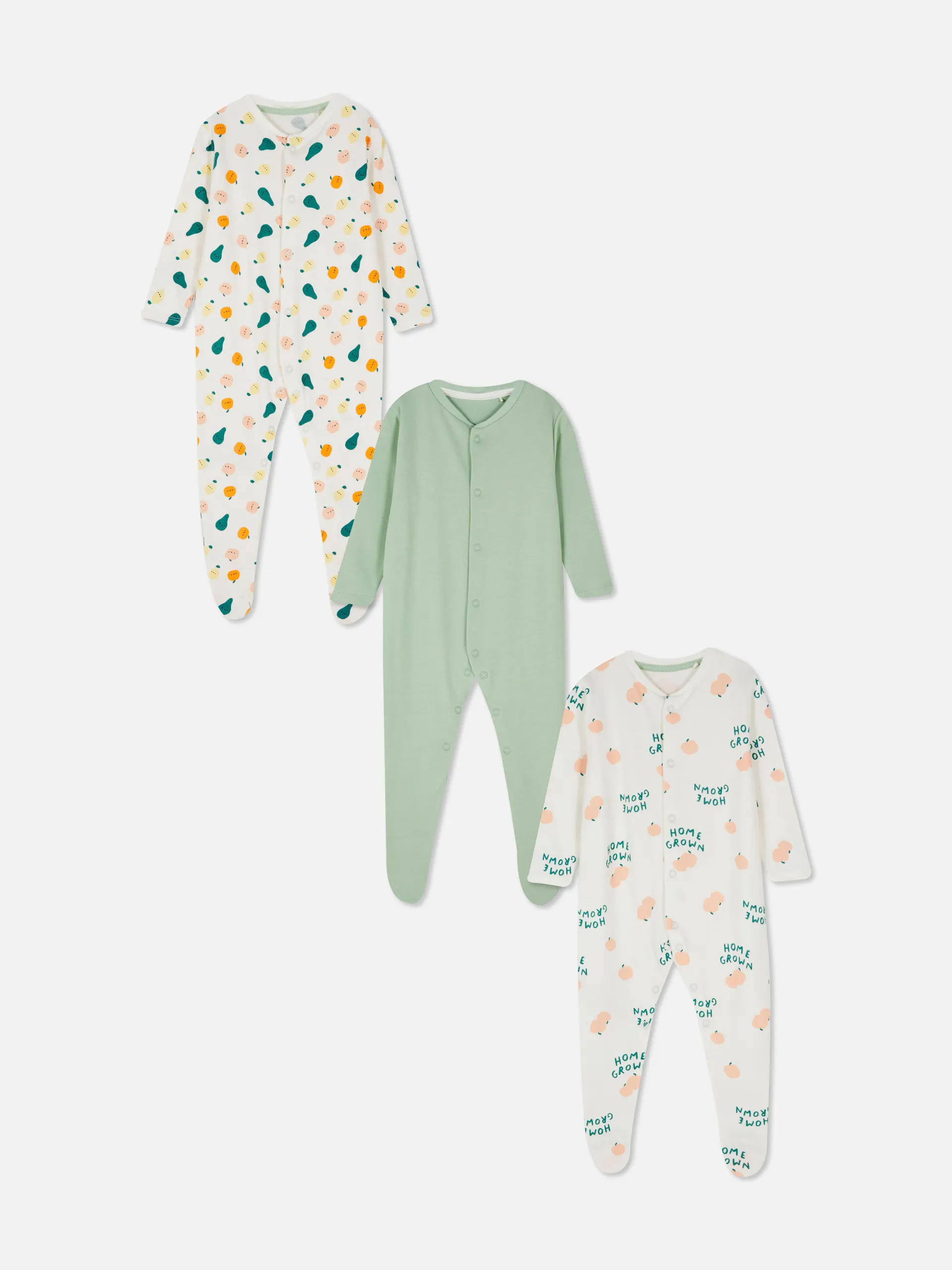 3pk Mixed Fruit Print Sleepsuits