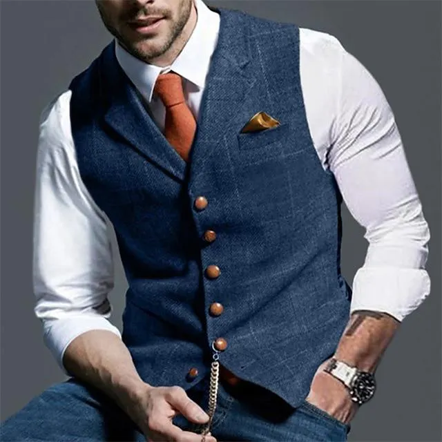 Men's Vest Waistcoat Daily Wear Vacation Fashion Vintage Spring & Fall Button Polyester Comfortable Plain Single Breasted V Neck Regular Fit Deep Green Gray Green Navy Leaf Dark Gray Light Grey Vest