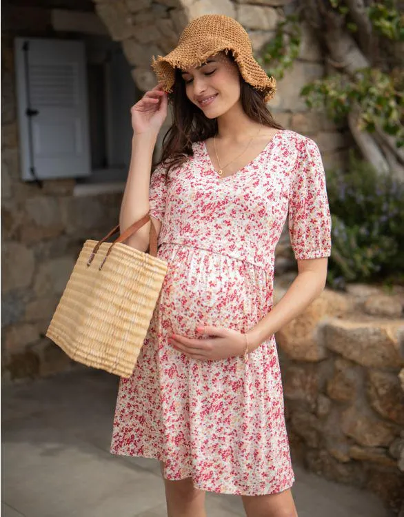 Pink Floral Maternity & Nursing T-Shirt Dress