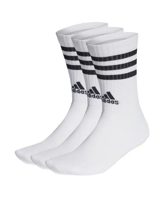 Unisex 3 Pack Cushioned 3 Stripe Crew Socks - White/Grey