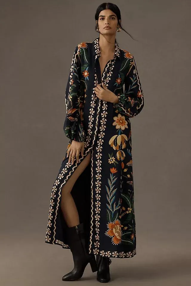 Farm Rio Floral Long-Sleeve Button-Front Midi Shirt Dress