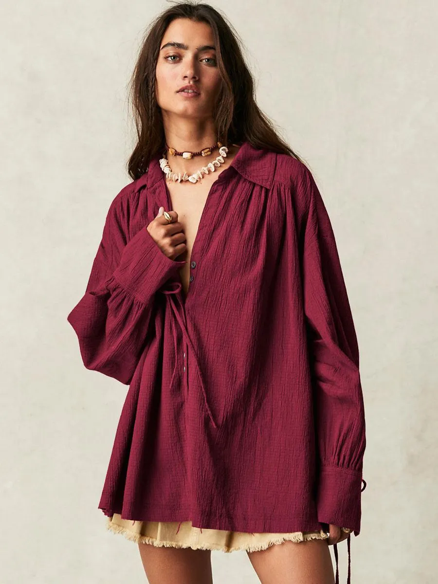 Blouse For Women Burgundy Polyester Turndown Collar Oversized Casual Lace Up Buttons Long Sleeves Tops