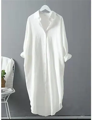 Women‘s Plus Size Curve Shirt Dress Casual Dress Shift Dress Solid Color Long Dress Maxi Dress Long Sleeve Button Shirt Collar Basic Outdoor Black White Spring Summer L XL XXL 3XL 4XL