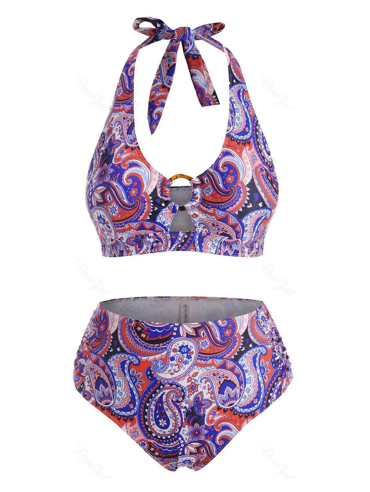 Plus Size Halter Paisley Print O-ring Ruched Full Covergae Bikini Swimwear - 5x