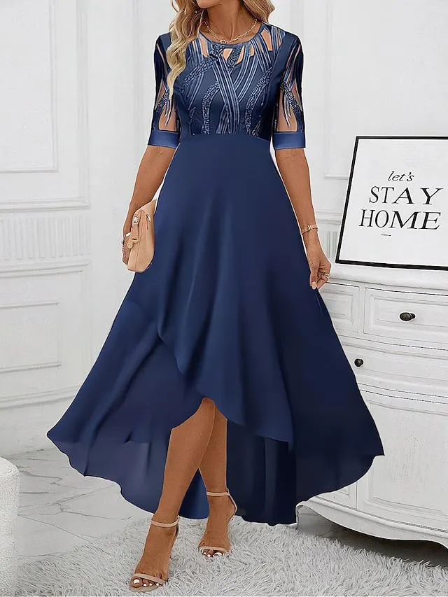 Women's Prom Dress Party Dress Wedding Guest Dress Long Dress Maxi Dress Navy Blue 3/4 Length Sleeve Pure Color Mesh Spring Fall Winter Crew Neck Fashion Wedding Guest Evening Party 2023 S M L XL XXL