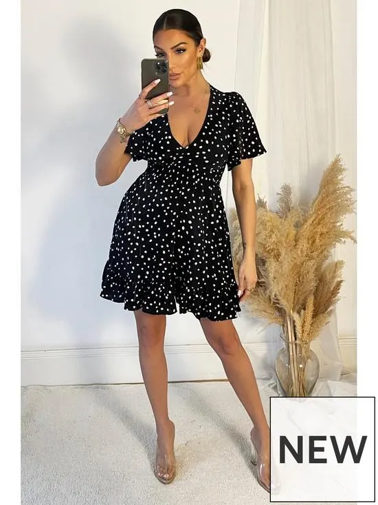 Frill Hem Mini Dress - Black/White Polka Dot
