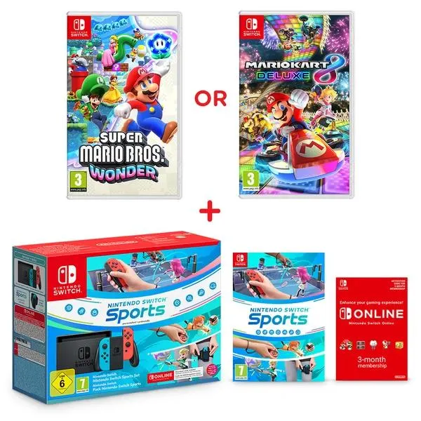 Nintendo Switch Neon Console, Switch Sports & Select Game Bundle
