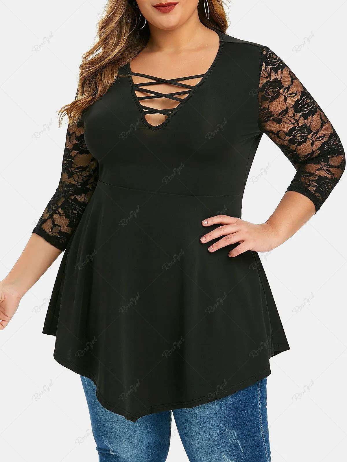 Plus Size Floral Lace Sleeves Crisscross T-shirt - 3x | Us 22-24