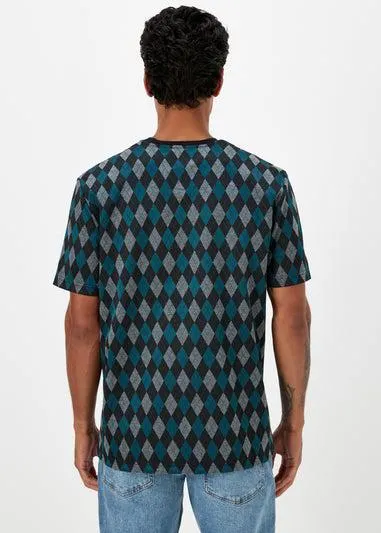 Teal Argyle Print T-Shirt - Small