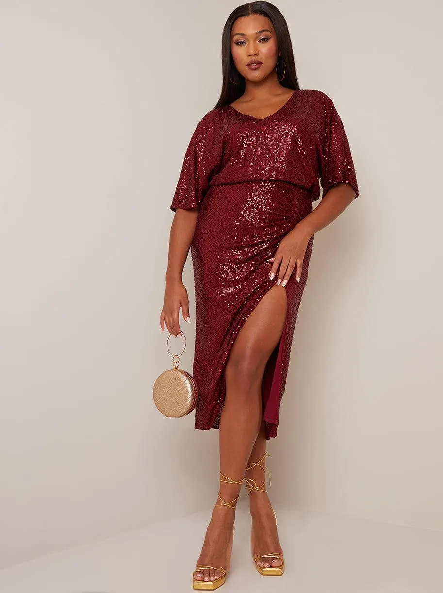 V Neck Glitter Midi Dress in Red