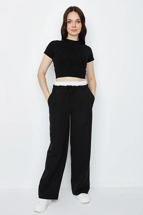 BLACK CONTRAST WAISTBAND WIDE LEG TROUSER
