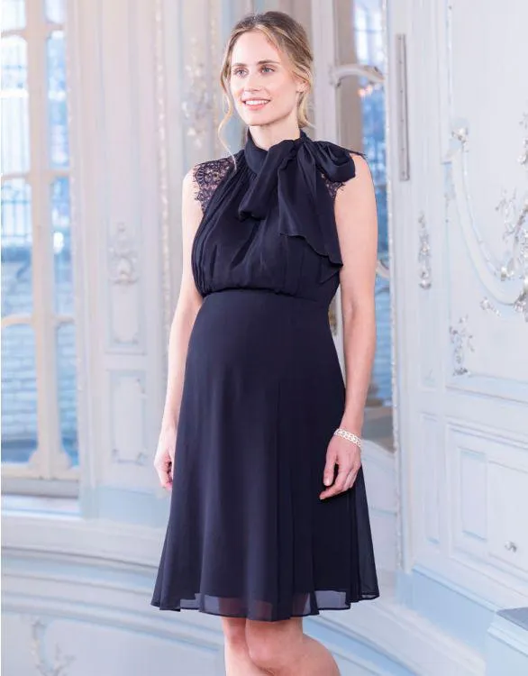 Midnight Blue Maternity & Nursing Dress with Neckline Tie