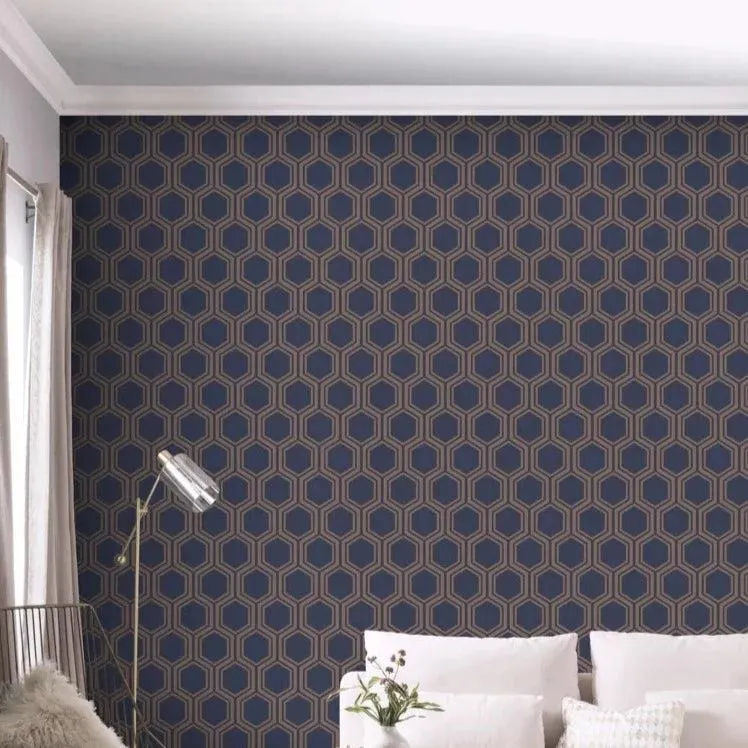 Luxe Hexagon Wallpaper in Navy and Gold