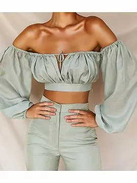 Green Chiffon Off Shoulder Puff Sleeve Crop Top