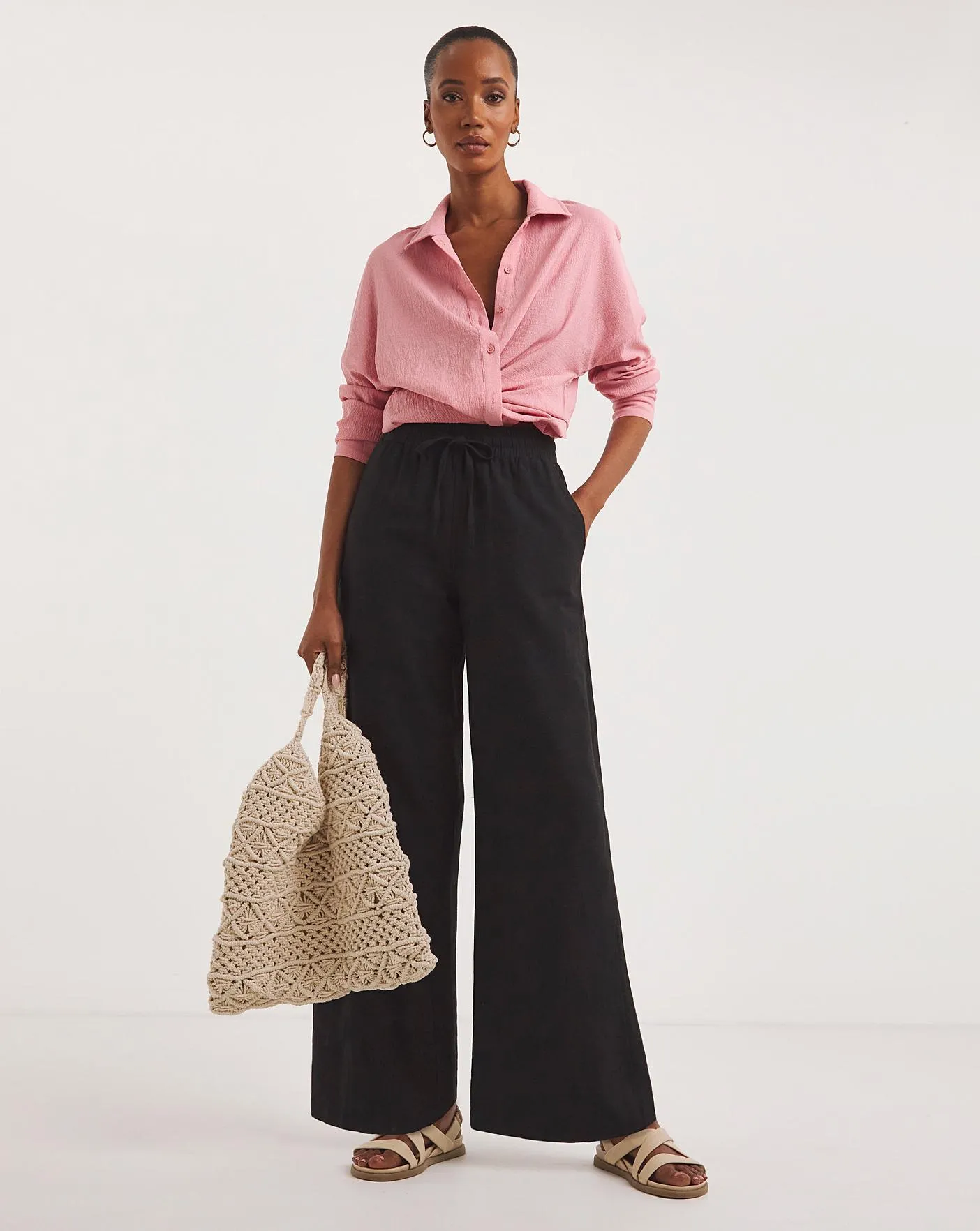 Black Linen Mix Wide Leg Trousers