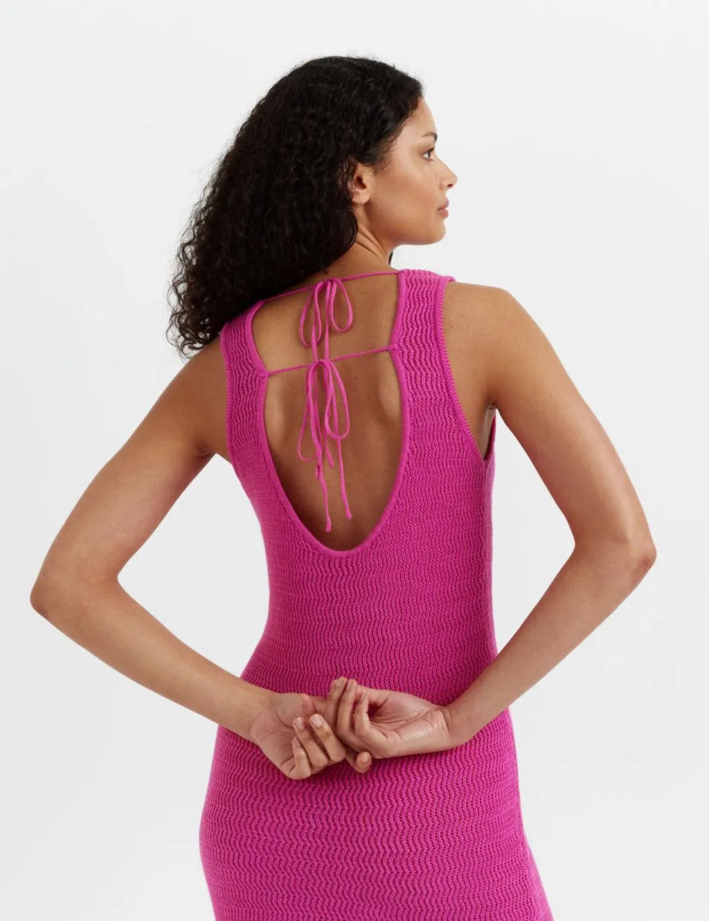 Linen Blend Crochet Round Neck Midi Dress