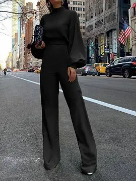 Black High Neck Long Sleeve Jumpsuit