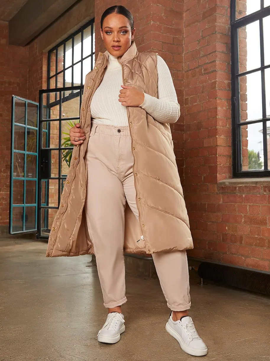 Diamond Quilt Detail Longline Padded Gilet in Tan